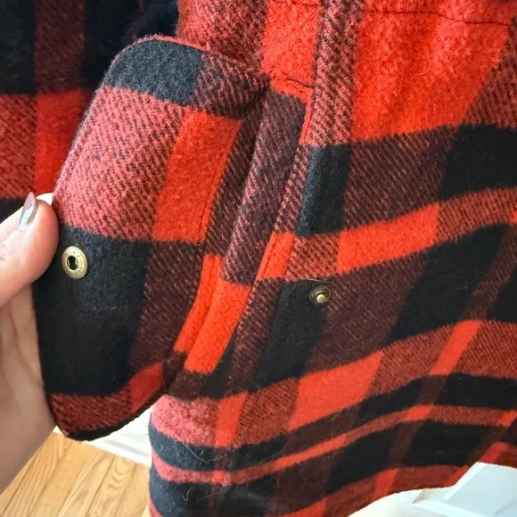 L.L. Bean Red and Black Plaid Wool Parka with Faux Fur Hood - Picture 4 of 10